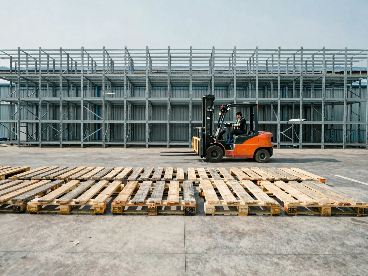 Wide documentary photograph of pallets being staged on a warehous