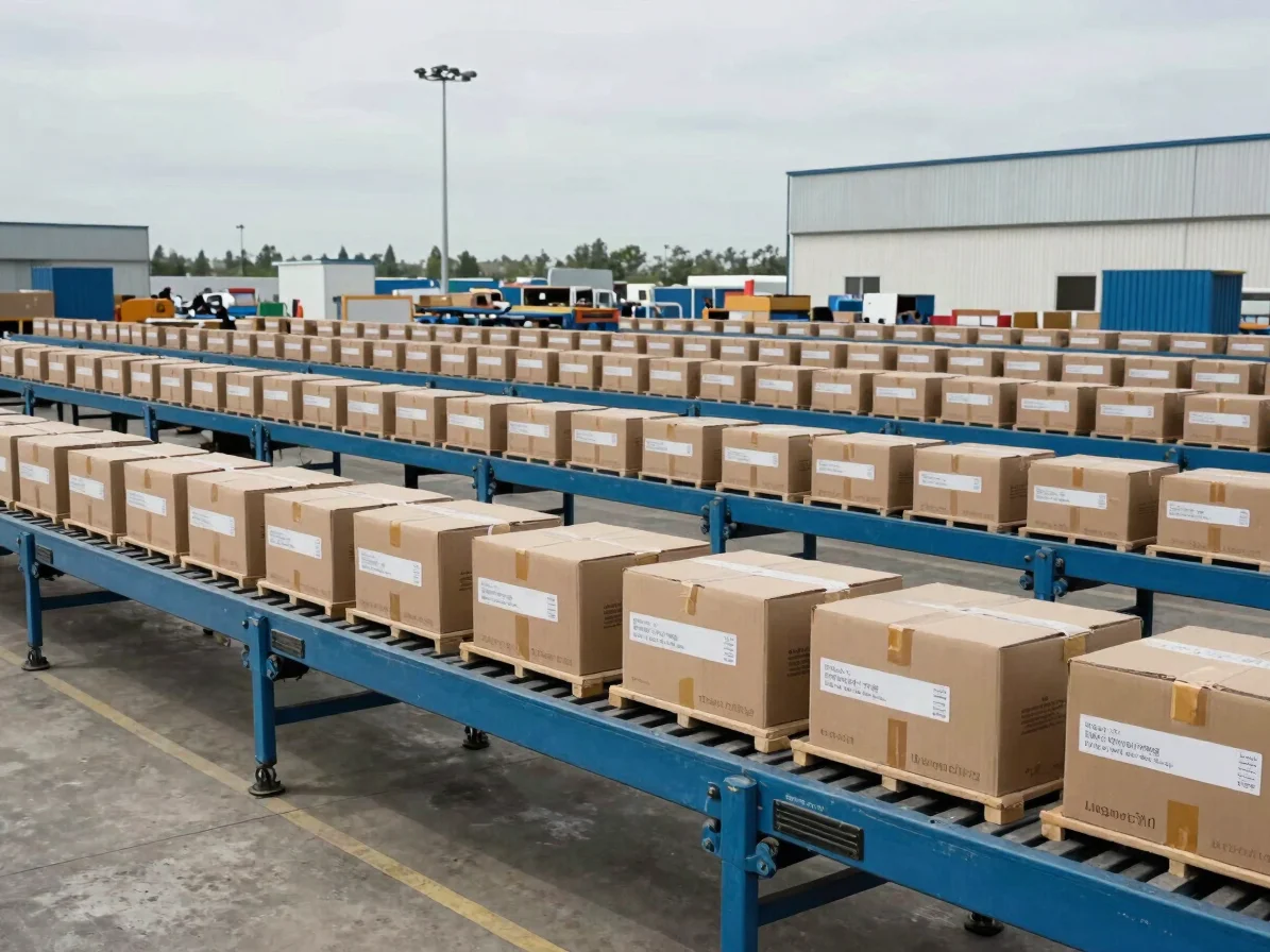 Close documentary detail of cargo being sorted on a warehouse doc