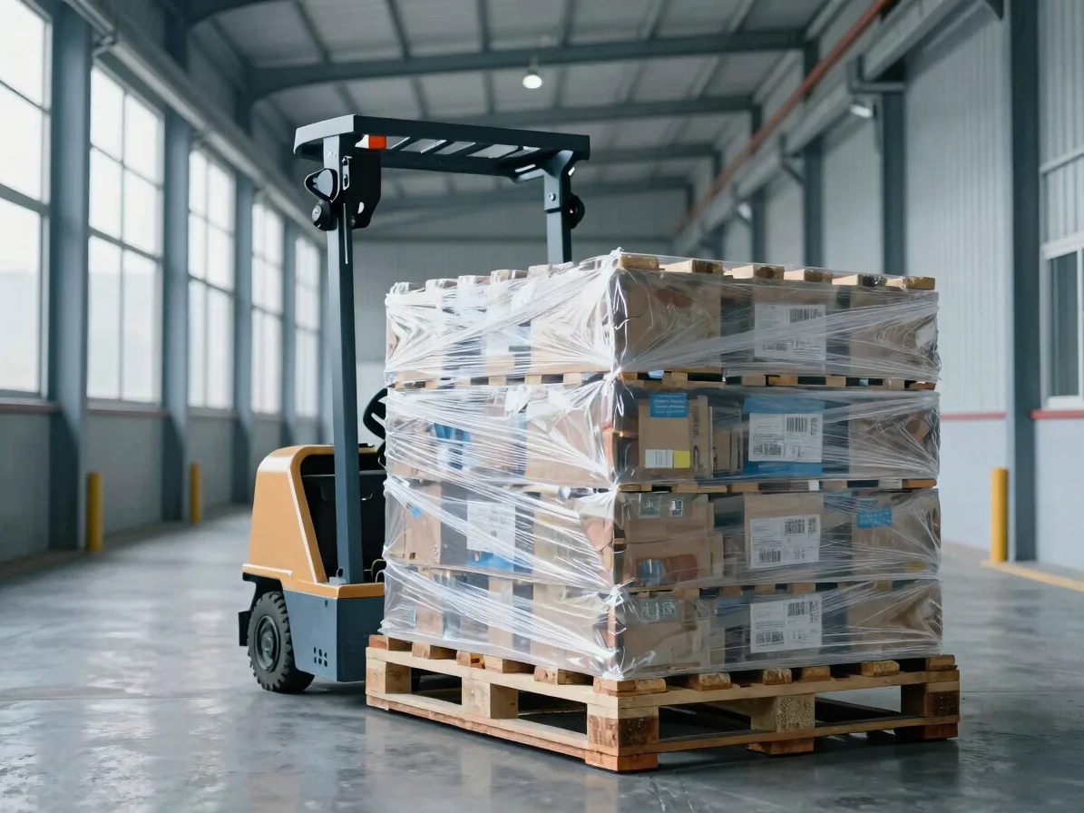 Close detail of a pallet jack lifting a wrapped pallet of cargo i