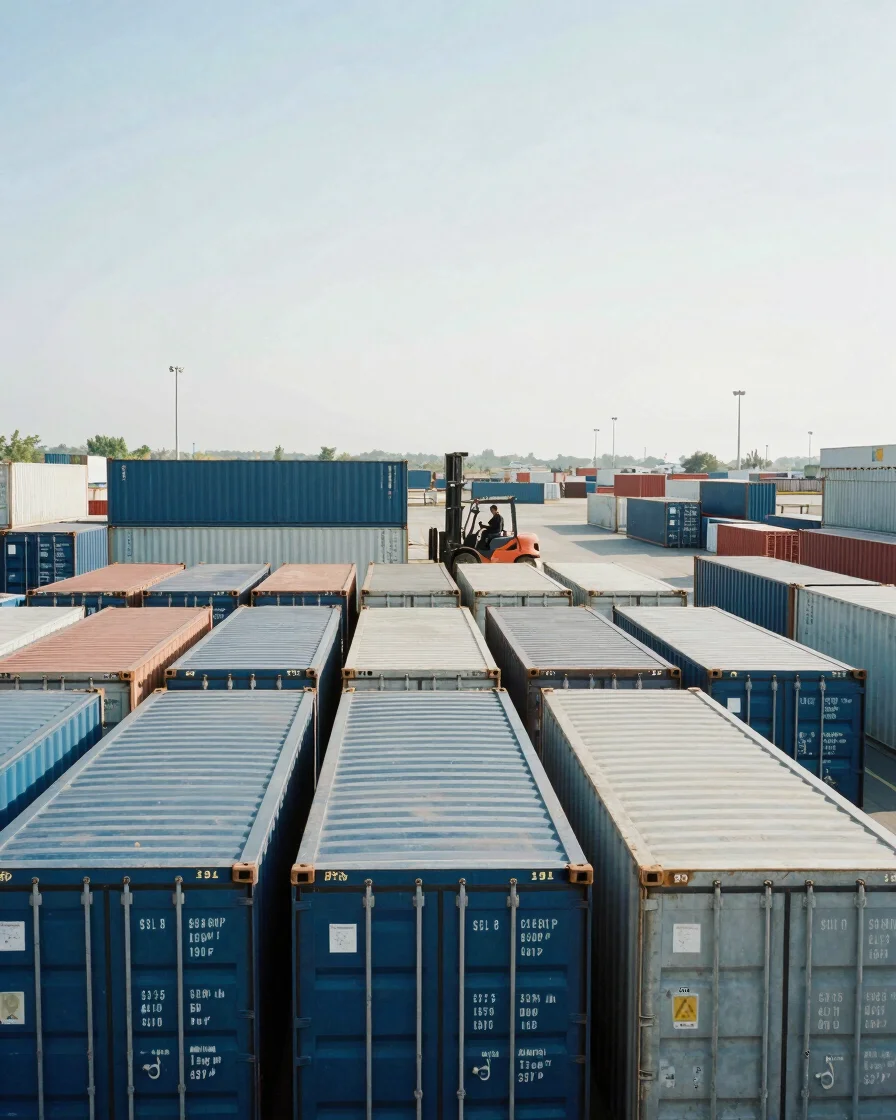 Wide documentary industrial photograph of containerized cargo sta